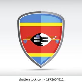 Shield icon with state flag of Swaziland country on gray bacground. Vector illustration.