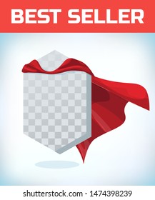 Shield icon template in red cape. Shield symbol in red cloak. Vector isolated illustration on a white background