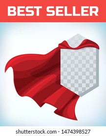 Shield icon template in red cape. Shield symbol in red cloak. Vector isolated illustration on a white background