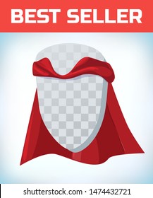Shield icon template in red cape. Shield symbol in red cloak. Vector isolated illustration on a white background