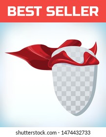 Shield icon template in red cape. Shield symbol in red cloak. Vector isolated illustration on a white background