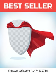 Shield icon template in red cape. Shield symbol in red cloak. Vector isolated illustration on a white background