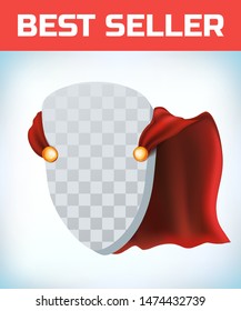 Shield icon template in red cape. Shield symbol in red cloak. Vector isolated illustration on a white background