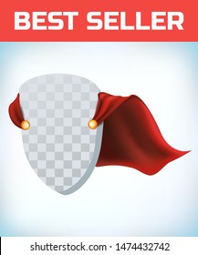 Shield icon template in red cape. Shield symbol in red cloak. Vector isolated illustration on a white background