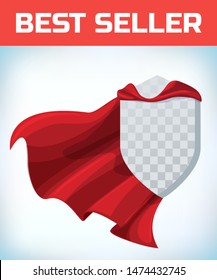 Shield icon template in red cape. Shield symbol in red cloak. Vector isolated illustration on a white background