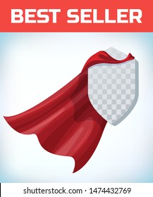 Shield icon template in red cape. Shield symbol in red cloak. Vector isolated illustration on a white background