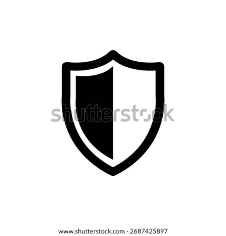 A shield icon with a thick black outline, divided vertically with one half black and the other white, set against a transparent backdrop.