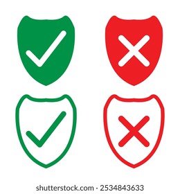 Shield icon with tick and cross mark. green red protected and unprotected symbol for app, ui, website. vector illustration on transparent background in eps 10.
