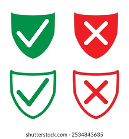 Shield icon with tick and cross mark. green red protected and unprotected symbol for app, ui, website. vector illustration on transparent background in eps 10.