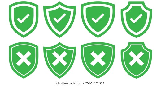 Shield icon with tick and cross mark. protected and unprotected symbol for web design . shield icon vector illustration eps 10.