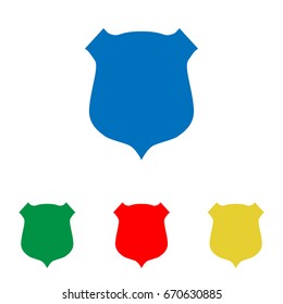 Shield icon. Vector. Big blue flat icon with red, green and yellow small icons at white background. Isolated.
