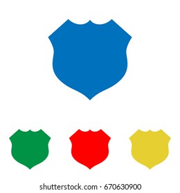 Shield icon. Vector. Big blue flat icon with red, green and yellow small icons at white background. Isolated.