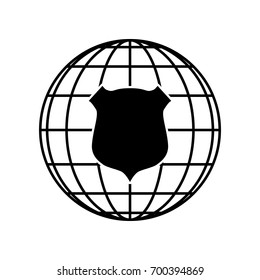 Shield icon. Vector. Black icon on black globe at white background. Isolated.