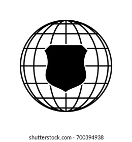 Shield icon. Vector. Black icon on black globe at white background. Isolated.