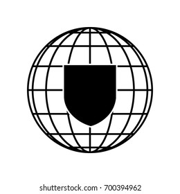 Shield icon. Vector. Black icon on black globe at white background. Isolated.