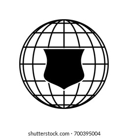 Shield icon. Vector. Black icon on black globe at white background. Isolated.