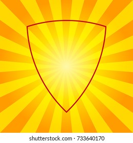Shield icon. Vector. Dark red linear icon on yellowish rays as background.