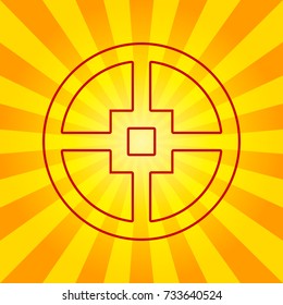 Shield icon. Vector. Dark red linear icon on yellowish rays as background.