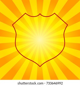 Shield icon. Vector. Dark red linear icon on yellowish rays as background.
