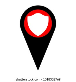 Shield icon. Vector. Flat white icon in red circle at black marker on white background. Isolated.