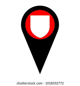 Shield icon. Vector. Flat white icon in red circle at black marker on white background. Isolated.