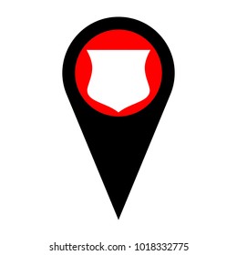 Shield icon. Vector. Flat white icon in red circle at black marker on white background. Isolated.