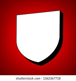 Shield icon. Vector. Perspective view of white icon with black outline at reddish background.