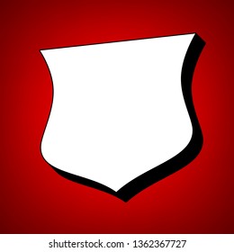 Shield icon. Vector. Perspective view of white icon with black outline at reddish background.