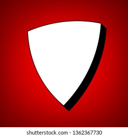 Shield icon. Vector. Perspective view of white icon with black outline at reddish background.