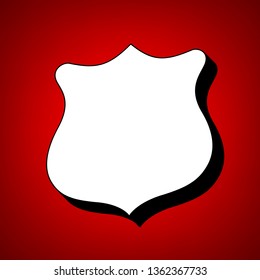 Shield icon. Vector. Perspective view of white icon with black outline at reddish background.