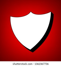 Shield icon. Vector. Perspective view of white icon with black outline at reddish background.