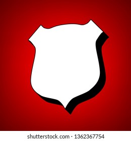 Shield icon. Vector. Perspective view of white icon with black outline at reddish background.