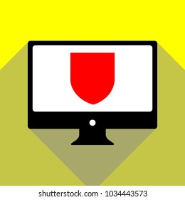 Shield icon. Vector. Red icon on white monitor of black all-in-one desktop computer with two shadows at yellow background.