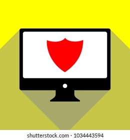 Shield icon. Vector. Red icon on white monitor of black all-in-one desktop computer with two shadows at yellow background.