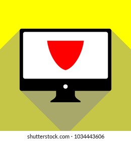 Shield icon. Vector. Red icon on white monitor of black all-in-one desktop computer with two shadows at yellow background.