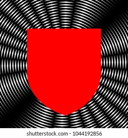 Shield icon. Vector. Red icon on white and black radial interference as background.