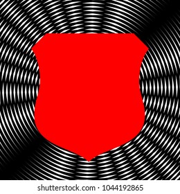 Shield icon. Vector. Red icon on white and black radial interference as background.