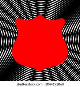 Shield icon. Vector. Red icon on white and black radial interference as background.