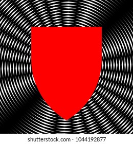Shield icon. Vector. Red icon on white and black radial interference as background.