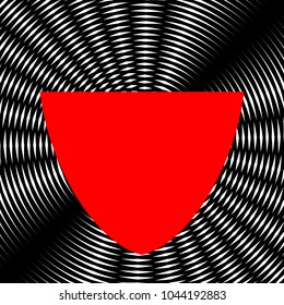 Shield icon. Vector. Red icon on white and black radial interference as background.