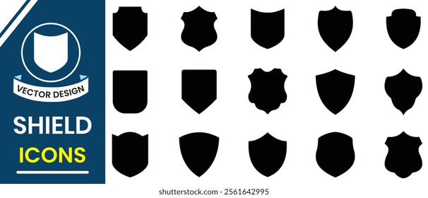 Shield icon, vector set. Protect shield security icons. Set of shields silhouette. Shield symbol, sign, logo or emblem design. Vector illustration.