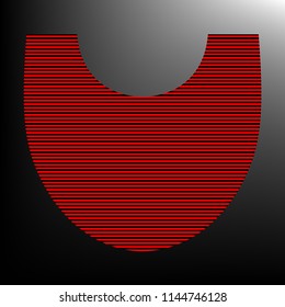 Shield icon. Vector. Striped red and black icon at gradient blackish background. Zebra.