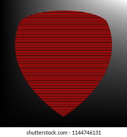 Shield icon. Vector. Striped red and black icon at gradient blackish background. Zebra.