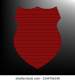Shield icon. Vector. Striped red and black icon at gradient blackish background. Zebra.