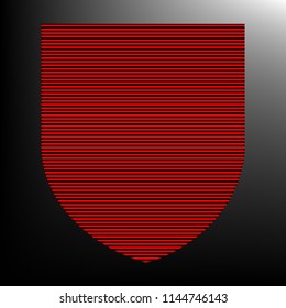 Shield icon. Vector. Striped red and black icon at gradient blackish background. Zebra.