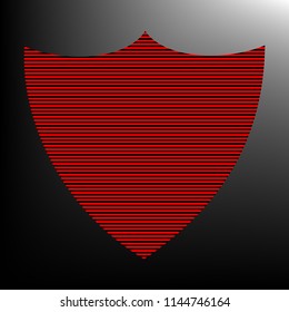 Shield icon. Vector. Striped red and black icon at gradient blackish background. Zebra.