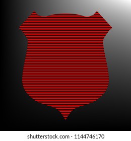 Shield icon. Vector. Striped red and black icon at gradient blackish background. Zebra.