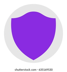 Shield icon. Vector. Violet flat icon on light gray circle at white background. Isolated.