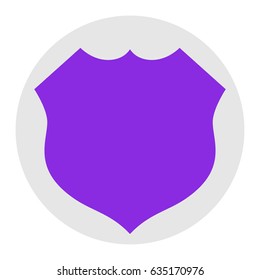 Shield icon. Vector. Violet flat icon on light gray circle at white background. Isolated.