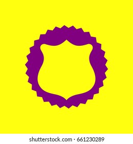Shield icon. Vector. Violet label with hole as icon on yellow background.